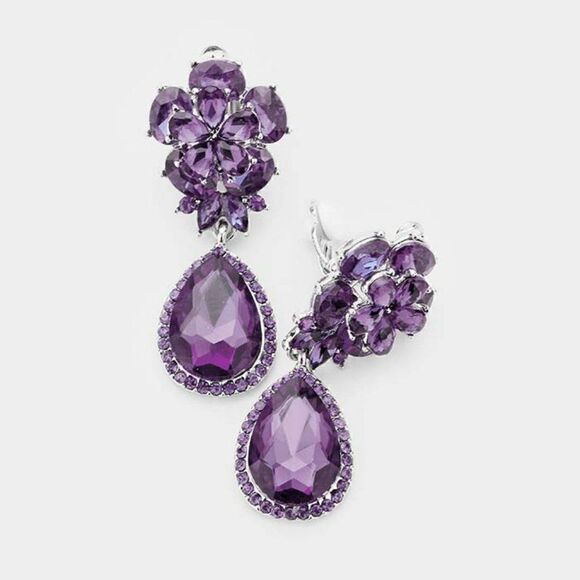 Flower Purple Crystal Teardrop Dangle Clip on Earrings  NWT - Picture 4 of 6
